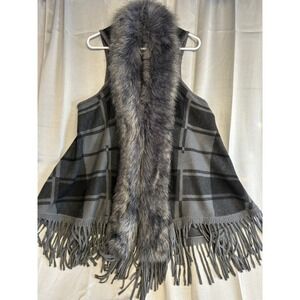 Creation Gray Plaid Faux Fur Trim Fringe Knit Sweater Vest Womens One Size